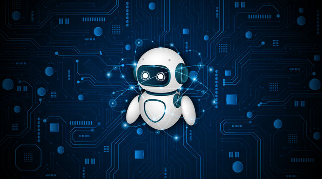 Artificial intelligence robot. Modern technology. Intelligent assistant robot of the future world. Chatbot mascot on a blue background.