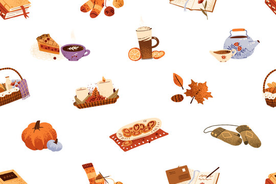 Repeatable pattern with autumn aesthetics- faded leaves, knitted mittens and socks, yarn and pumpkins. Endless background of fall items and cozy elements. Flat seamless hand drawn vector illustration