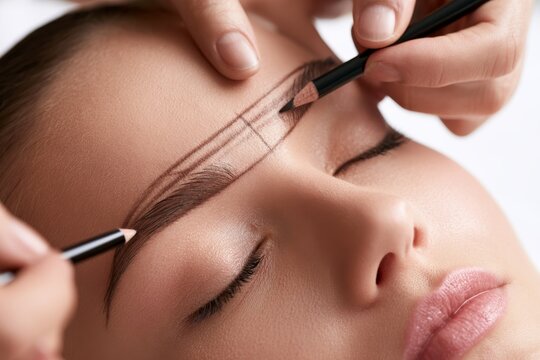 Eyebrow mapping process with a black marking pencil on a client's forehead before permanent makeup procedure