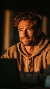 Man in a sweater looking at a laptop computer portrait