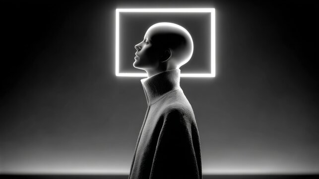 Head of a man with a square in the middle of his head creative portrait