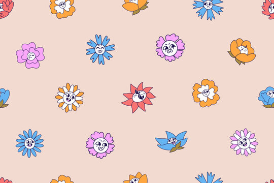 Repeatable pattern of happy, sad and smiling faces of groovy flowers. Endless background of abstract wildflowers with different emotions. Funky blooming plants. Flat seamless vector illustration