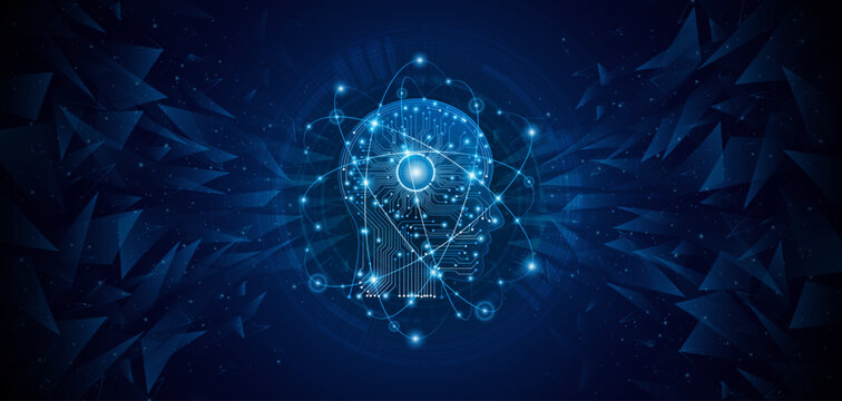 Futuristic AI human head with circuit board and glowing digital brain on dark blue background for technology and innovation concept.