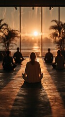 Fototapeta premium People sitting on the floor in a room with a view of the ocean yoga sport background