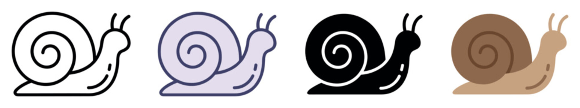 Snail icons set. Nature and slow movement concept. Includes snail with spiral shell, antennae, body. Flat, line, and solid styles