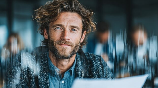 Man with a beard and a blue shirt looking at something portrait
