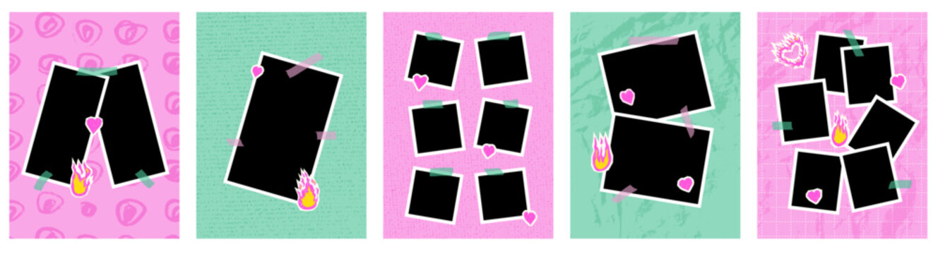 Collage frame set with modular snapshot photo layouts. Pink and mint crumpled texture paper with heart, flame and picture area. Vector borders for y2k idea presentation pitch or scrapbook design