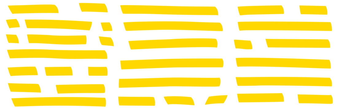 Yellow highlight marker stripes with felt tip texture for text underline. Hand drawn highlighter shapes with sticker patches and memo lines. Vector marker highlight strokes for note emphasis isolated