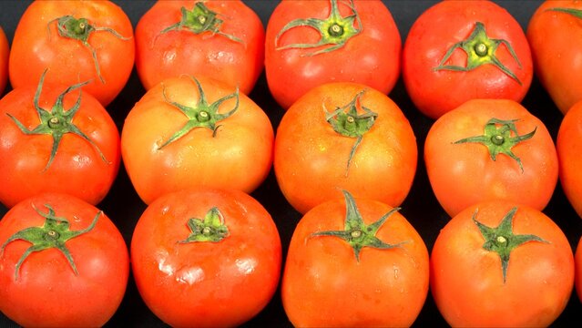 Fresh red tomatoes whole, cut half with knife on wooden board, and sliced texture pattern.