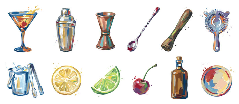 Bar and cocktail icons set. Mixology and drink preparation concept. Includes martini glass, shaker, jigger, bar spoon, muddler, strainer, ice bucket, lemon, lime, cherry, bottle, coaster