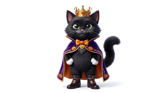 Cute Halloween Black Cat Wearing Royal King Costume and Crown