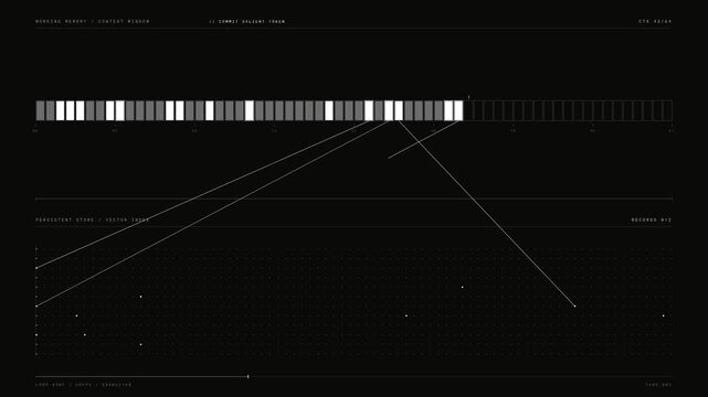 Visual representation of Agent Memory Architecture showcasing the Context Window State Machine with dynamic token slots and persistent memory storage in a seamless 30-second loop.