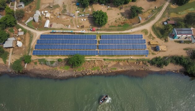 Aerial View of Sirajganj Power Station with Solar Panel Rows Along Riverbank and Small Boat in Bangladesh