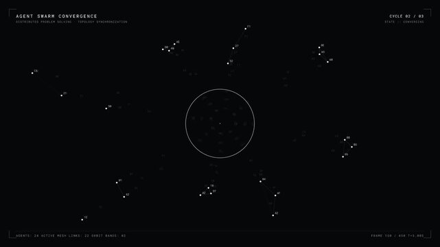 Visual representation of agent swarm convergence dynamics, showcasing independent agents drifting towards a target while maintaining separation, creating a mesmerizing orbital pattern.