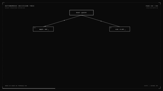 Visual representation of an autonomous decision tree showcasing binary branching expansion with real-time node activation and symmetrical layout for decision-making processes.