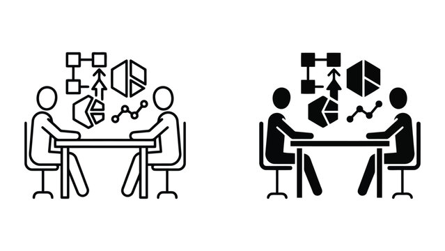 Business analysis meeting at table with charts and graphs icon set, business