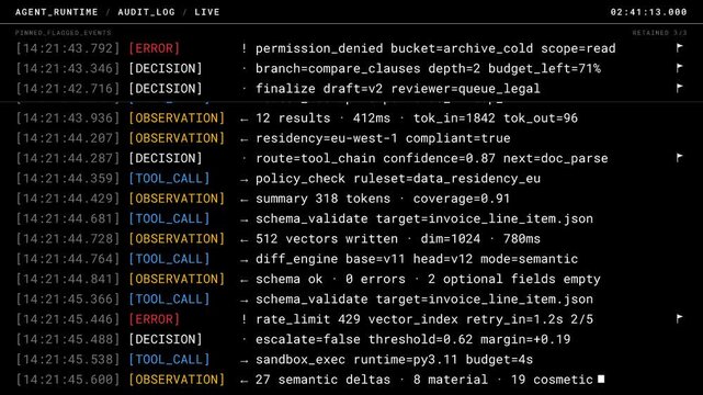 Live scrolling terminal interface displaying an enterprise AI audit log with timestamps, colored tags, and pinned events, set against a pure black background for a high-tech feel.