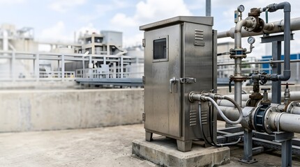 Fototapeta premium weatherproof automatic wastewater sampling cabinet for treatment plant monitoring water quality testing and environmental compliance