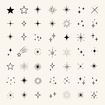 様々な形状の黒い星と輝き、スパークルのアイコンコレクション Collection of black star and sparkle icons in various shapes