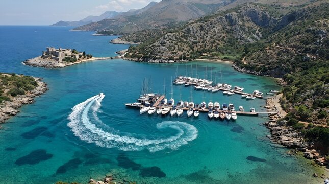 Aerial View of Boats at Floating Dock in Clear Turquoise Bay with Swirling Wake, Porto Palermo Albania Coastal Seascape