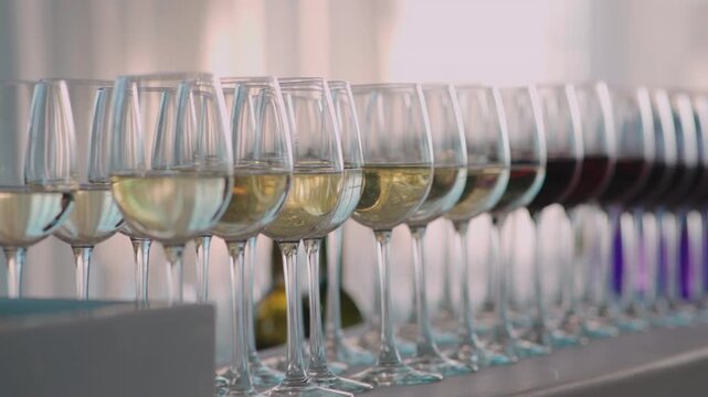 large collection of red and white wine glasses at outdoor party or banquet, luxury wine display on festive table