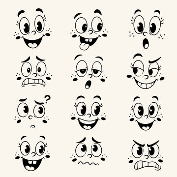 様々な表情をしたレトロなカートゥーン風の顔のイラストコレクション Collection of retro cartoon face illustrations with various expressions