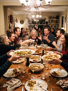 Large family laughs together while passing a roast turkey around a table decorated for a festive Christmas dinner.