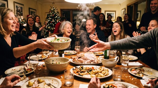 Large family laughs together while passing a roast turkey around a table decorated for a festive Christmas dinner.