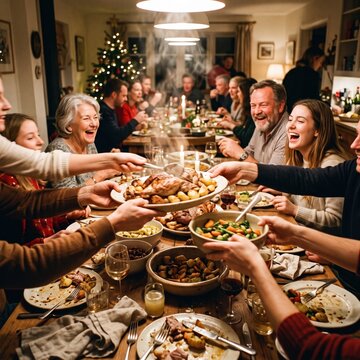 Large family laughs together while passing a roast turkey around a table decorated for a festive Christmas dinner.