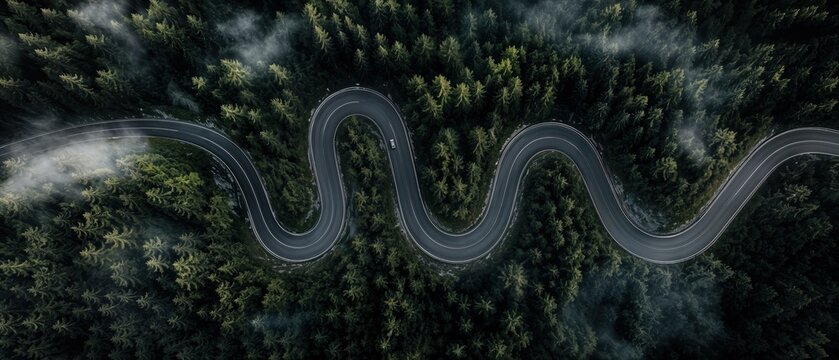 single car driving along winding asphalt road through dense misty pine forest in aerial view