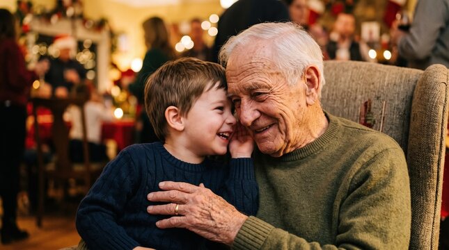 Grandfather smiles tenderly with his grandson forehead to forehead during a festive Christmas family party at home.