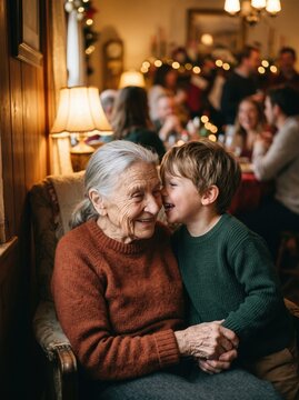 Grandmother laughs as her grandson whispers a secret in her ear during a warm Christmas family celebration at home.