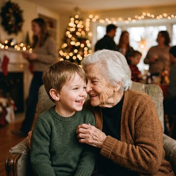 Grandmother laughs as her grandson whispers a secret in her ear during a warm Christmas family celebration at home.