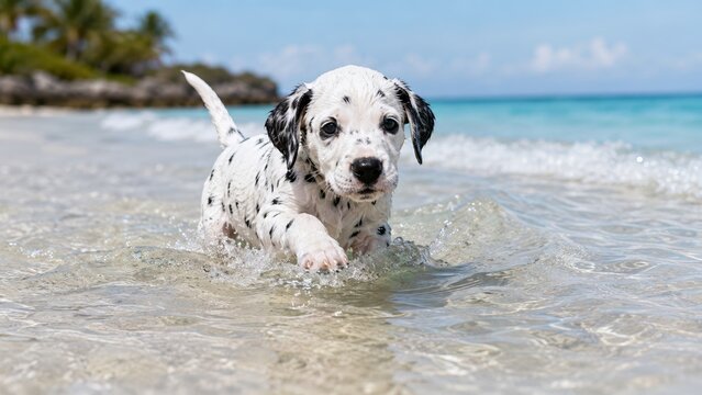 Dalmatian dog swimming through warm tropical surf on a white sand beach, adorable spotted puppy wading in clear shallow ocean water beneath blue sky during a carefree island summer getaway escape