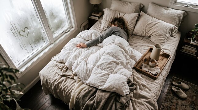 Woman rests peacefully in a soft bed with a heart drawn on the frosty window, a coffee tray waiting beside her in winter.