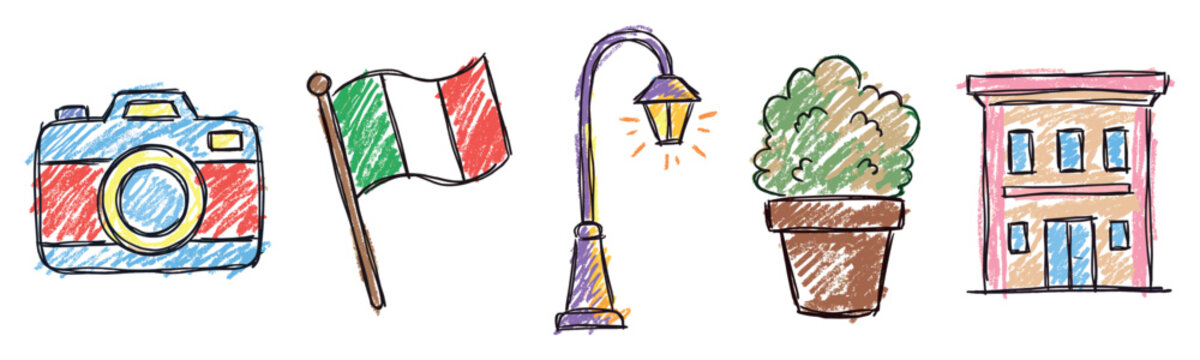 Italian culture icons set. Travel and tourism concept. Includes camera, Italian flag, street lamp, potted plant, building. Hand-drawn doodle style