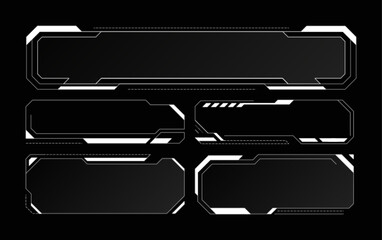 Fototapeta na wymiar Cyberpunk frame design with futuristic HUD elements and digital interface. Tech box panels with neon borders, modern graphic shapes and sci-fi display screens for game UI templates.
