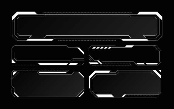 Cyberpunk frame design with futuristic HUD elements and digital interface. Tech box panels with neon borders, modern graphic shapes and sci-fi display screens for game UI templates.