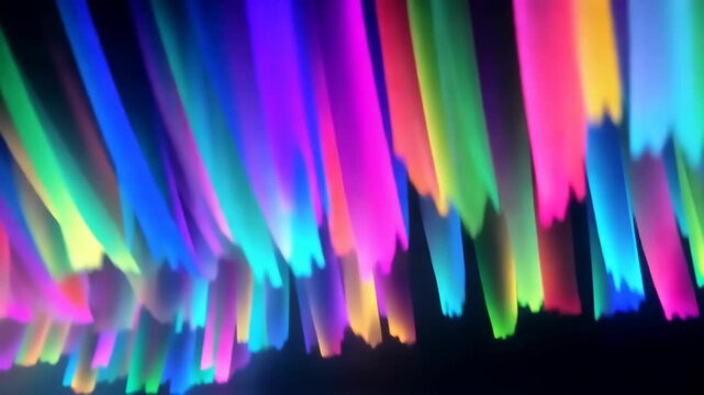 Colorful light streaks in vibrant hues of blue, green, yellow, and pink create a mesmerizing visual display against a dark background in a dynamic sequence of illumination