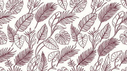 Fototapeta premium Seamless Tropical Leaves Line Art Pattern. Hand-drawn Exotic Botanical Foliage Background. Flat vector illustration EPS 10.