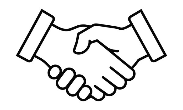 Two stylized black monoline hands clasped in a firm handshake isolated on a white background. Business agreement concept