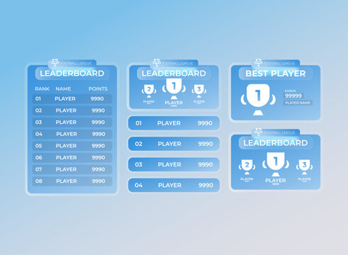 Modern glassmorphism gaming UI template featuring translucent blue leaderboard panels, player rankings, podium displays, best player cards, scores, and esports interface layouts.