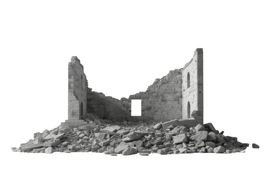 Ancient stone building ruins collapsing on transparent background
