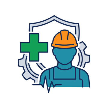 Occupational health and safety icon with worker in hard hat and medical cross symbol