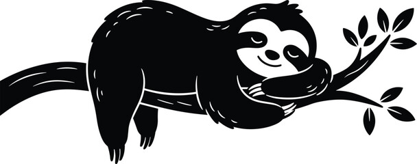Naklejka premium Cute Sloth Silhouette Illustration Sleeping on Tree Branch with Tropical Leaves, Relaxed Wildlife Character for Nature and Animal Designs