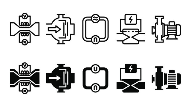 Magnetohydrodynamic Pump Line and Solid Icon Pack For UI | MHD, Liquid Metal, Electromagnetic, Conductive Fluid - Clean and Editable Vector Icons