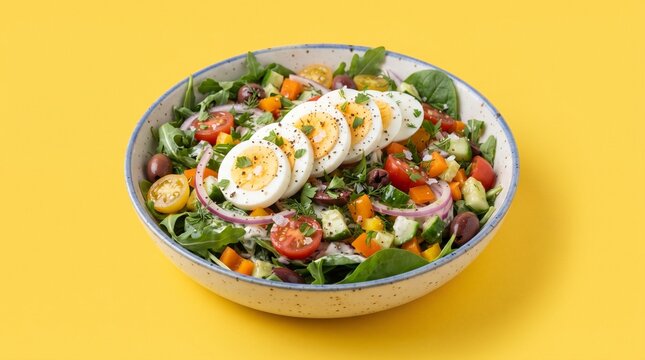 Fresh deviled eggs and vegetable salad in vibrant blue bowl on sunny yellow background