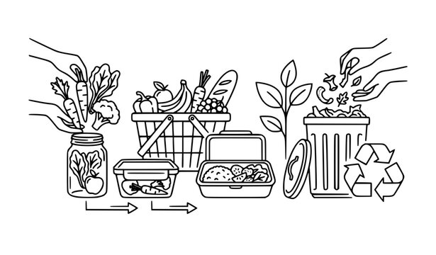 Black and White Food Waste Reduction Sustainable Food Line Art Vector