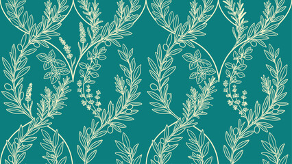 Fototapeta premium Botanical Herbs and Olive Branches Seamless Pattern with Line Art Outline on Teal Background. Flat vector illustration EPS 10.