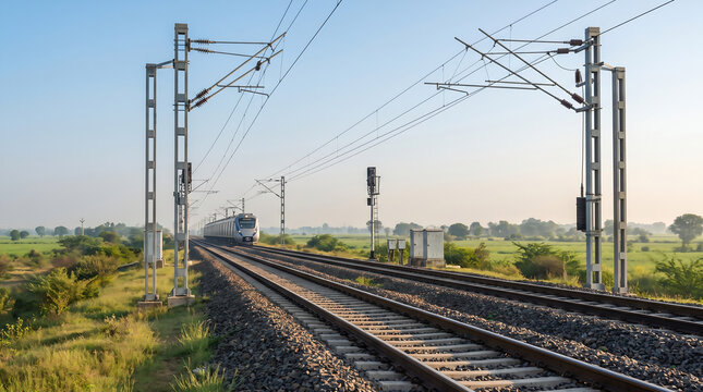 Modern railway infrastructure in India with electrified tracks extending through a green agricultural landscape